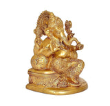 Side view brass Ganesha statue seated on ornate throne, 8 in tall