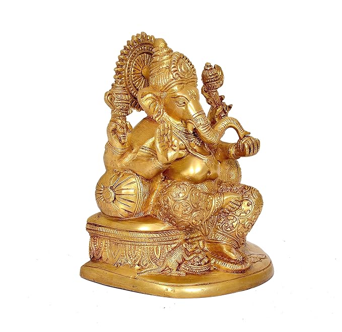 Brass Ganesha Statue Idol On Base Giving Blessings for Home Decor Temple | Height : 8 inches