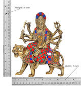 8 inch Durga Maa lion statue with measurement markings, multicolor gold-tone design