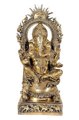 Gold-toned brass Ganesha statue, front view with detailed crown and halo ring