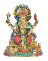 Messing Ganesha-Idol (13 Zoll) in Frontansicht, farbiges Bordürendekor an der Standfläche