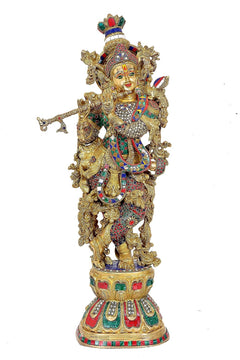 Standing Radha Krishna brass statue, detailed eyes and jeweled garments; 29 in