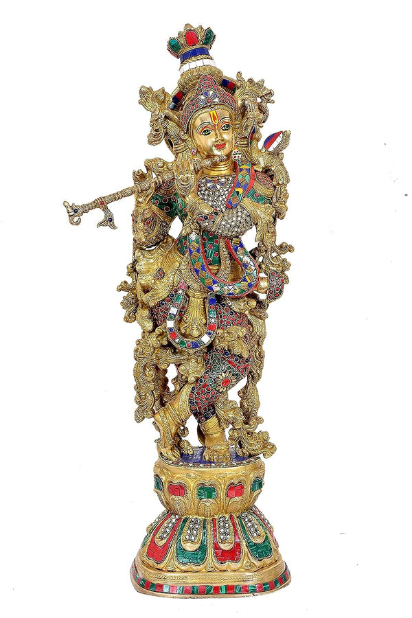 Brass Radha Krishna Murti with eye work (Height : 29 inches) Study Setting
