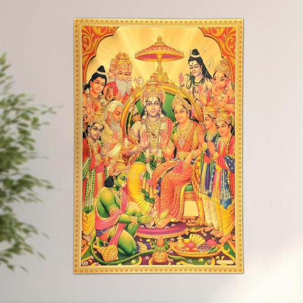 Gold Foil Plated Ram Darbar Wall Poster (Height 18 Inch X Width 12 Inch)