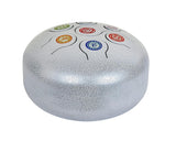 Silver steel happy drum top, textured metal surface with colored note symbols