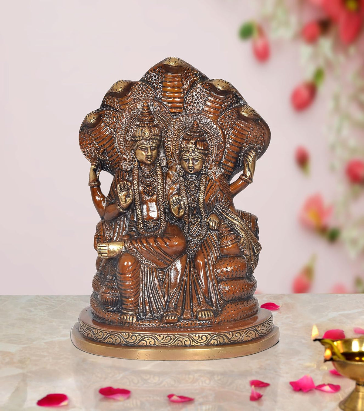 9-inch brass Lakshmi-Vishnu statue on Sheshnag, multicolor puja altar idol