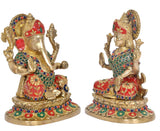 Messing-Idol-Set aus Lakshmi und Ganesha, Seitenansicht, bunte Perlen an den Gewändern