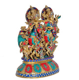 Brass Krishna Radha with cow figurine, side view with raised hands and ornaments