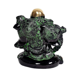 Back view of laughing Buddha statue, dark robe with green swirl patterns, gold head