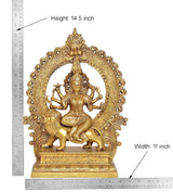 Brass Durga maa idol statue, height 14.5 in and width 11 in, seated on lion