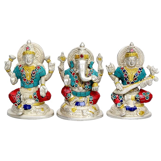 Brass Ganesha idol with turquoise and red beadwork, four arms, seated on lotus base