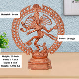 Brass Lord Shiva dancing idol, orange tone, arched ring base with detailed carvings
