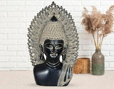 Black and silver Buddha bust statue with jeweled halo, decorative home decor