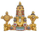 Brass Lord Balaji wall hanging with tall crown, seated posture, multicolor inlay