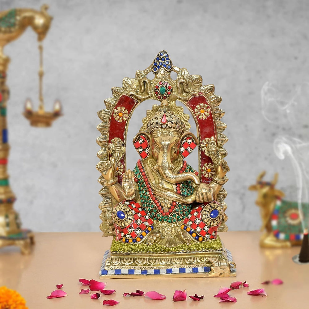 Brass Handcrafted Ganpati Bappa Murti (Height 12 Inch) (Multicolour)