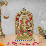 Brass Ganpati Bappa idol with multicolour jeweled details, seated pose, front view