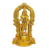 Brass Kartik idol with peacock-style arch, raised hands, seated base, 7 inch height