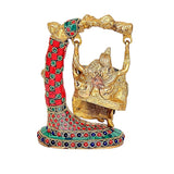 Radha Krishna Jhula brass idol, detailed back/side view with patterned red and green cloth