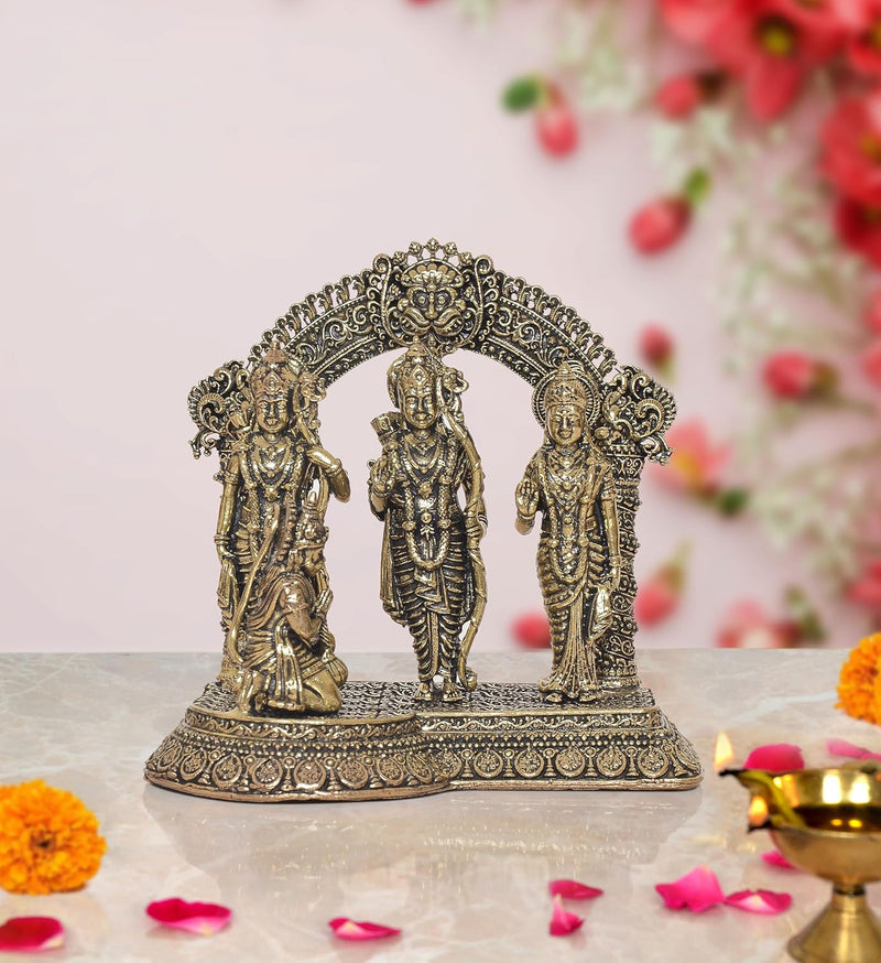 Bronze Ram Darbar with Sita Lakshman Hanuman on Carved Frame with Kirtimukha Bronze Finish Statue, for Home Decor Pooja Mandir (Height 4 inch)