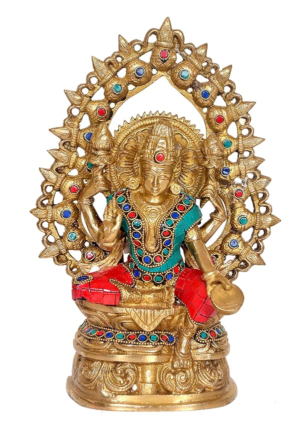 Brass Lakshmi Statue Idol On Base with Frame for Temple | Height : 11 Inches