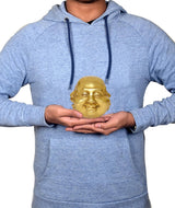 Brass laughing Buddha head held in hands, 4 inch home decor size