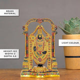 Brass Venkateshwara idol with arched frame and colorful accents; height 8.5 in