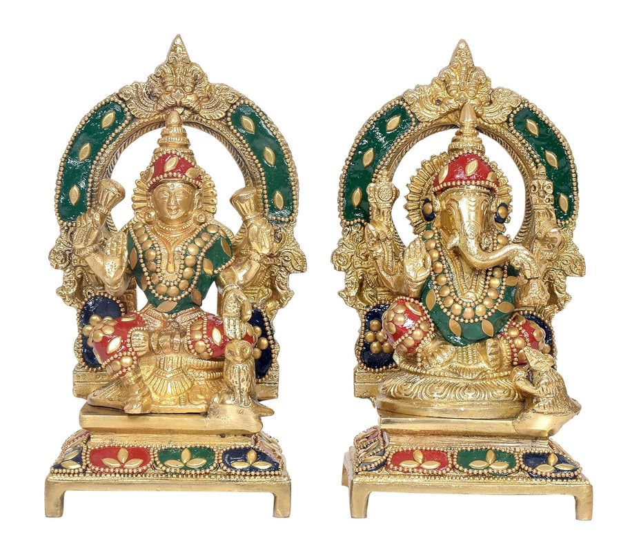 Brass Laxmi Ganesh Statue - Handcrafted Goddess Lakshmi and Lord Ganesha Idol for Home Decor and Pooja - Hindu Deities Figurine Height 7.5 Inch Craft Detail