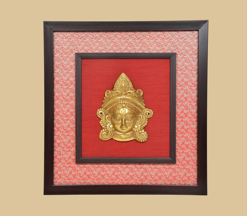 Brass Maa Durga Face Mask Idol With Frame Wall Hanging (Height 17 Inch)