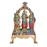 Ram Darbar brass statue idol: arched backdrop with multicolour eye-work and three figures