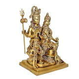 Brass Shiva Parvati family idol with multiple figures seated on a platform