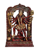 Brass-style Mahakali Kali Mata idol with Shivji, arched back, red-gold detailing