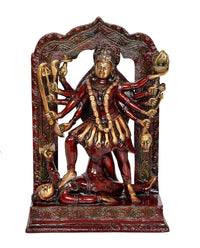 Brass-style Mahakali Kali Mata idol with Shivji, arched back, red-gold detailing