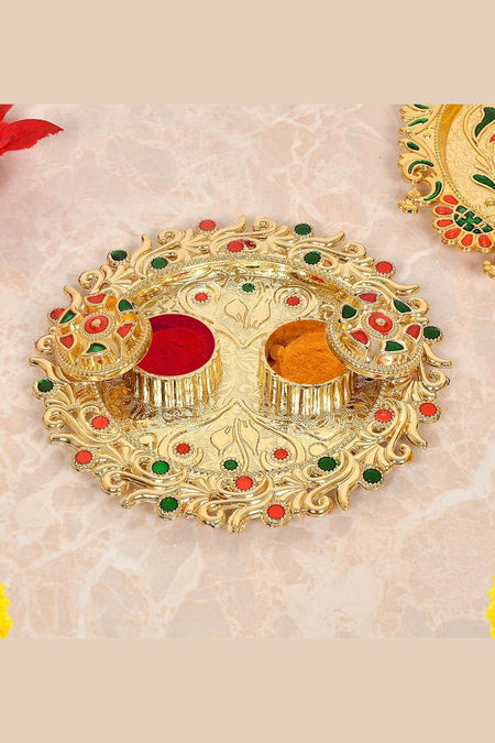 Gold Plated Plastic Haldi Kumkum Holder Pooja Thali Tilak Plate (Width 5.5 Inch)