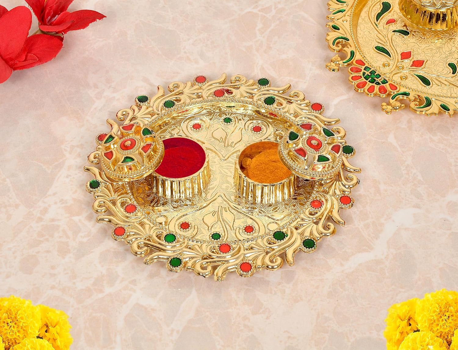 Decorative Design Gold Plated Plastic Haldi Kumkum Holder Pooja Thali and 2 Bowl For Rakhi Diwali Wedding Gifts Tilak Plate (Width 5.5 Inch) (Multicolor Pooja Thali)