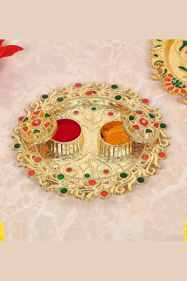 Gold Plated Plastic Haldi Kumkum Holder Pooja Thali Tilak Plate (Width 5.5 Inch)