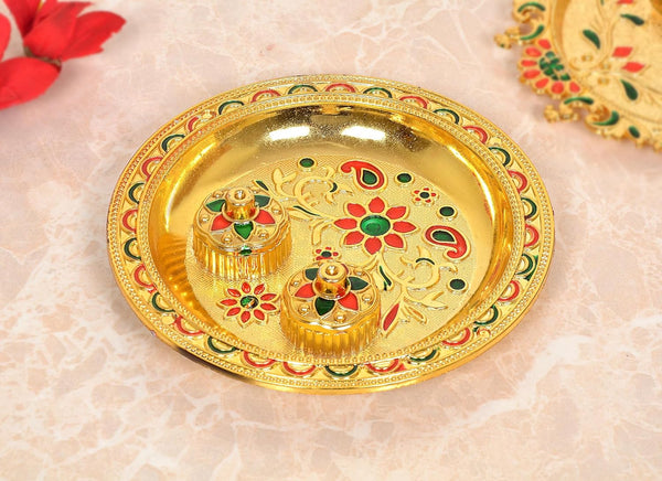 Decorative Design Gold Plated Plastic Haldi Kumkum Holder Pooja Thali and 2 Bowl For Rakhi Diwali Wedding Gifts Tilak Plate (Width 5.5 Inch) (Multicolor Pooja Thali)