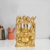 Brass gold laughing Buddha decorative figurine with surrounding child figures, 8 in