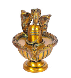 Gold-toned brass Shivling with three cobra hoods on round lotus base