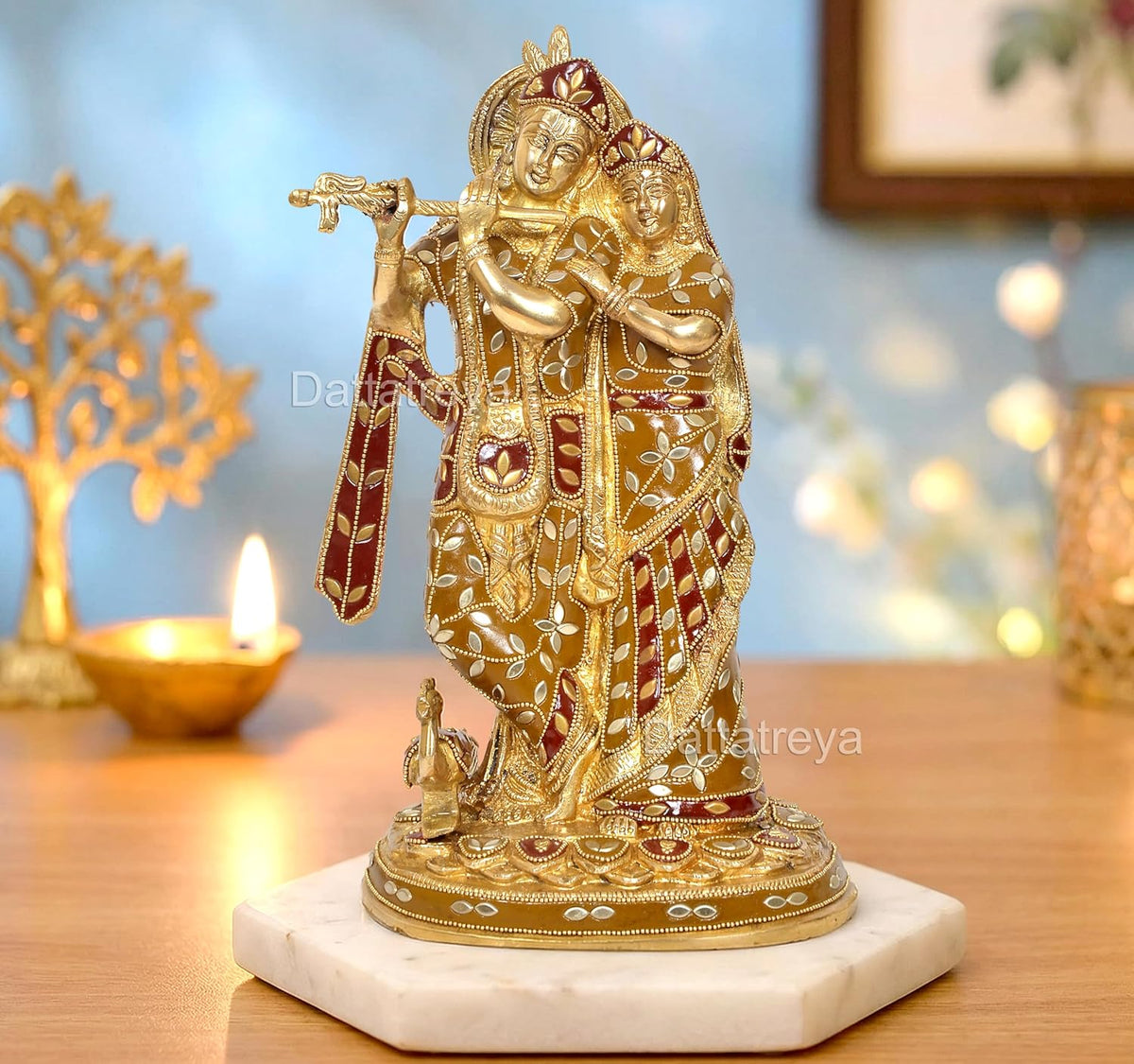Brass Radha Krishna standing idol with peacock flute, multicolor, 12-inch