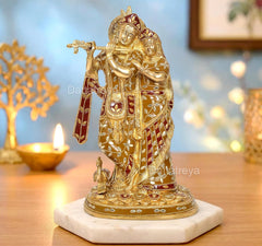 Brass Radha Krishna standing idol with peacock flute, multicolor, 12-inch