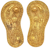 Brass Charan Paduka 15.5 cm, ornate brass relief with deity symbols and patterned border