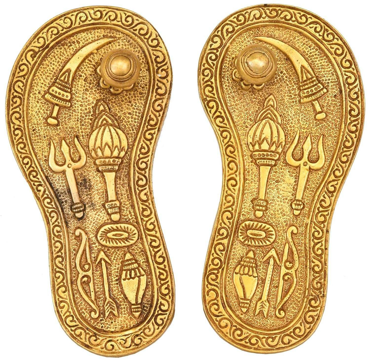 Brass Charan Paduka 15.5 cm, ornate brass relief with deity symbols and patterned border