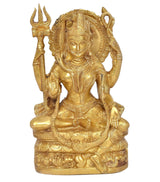 Gold brass Ardhanrishvara murti, front view seated deity with trident