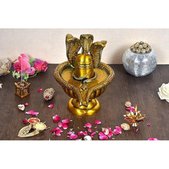Brass Shivling statue with three cobra snakes, 11-inch height, golden finish