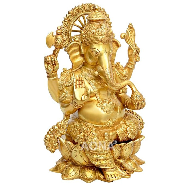 Mangalkari Ganesha Brass Statue Sitting On Lotus Base Height 12.5 Inches