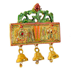 Close-up Balaji hanging idol panel with Sanku Chakra Namam and three gold bells