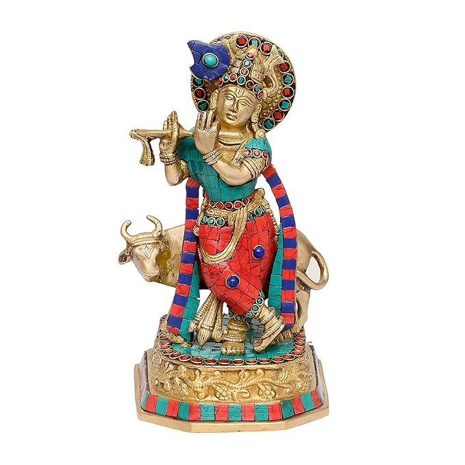 Krishna Playing Flute Idols with Kamdhenu Cow Statue Hindu God Religious Idol Krishan Showpiece Figurine for Home Puja Room Mandir Temple Office Living Room Decoration & Gifts