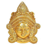 Gold-tone brass Durga face idol mask with ornate crown, wall hanging decor