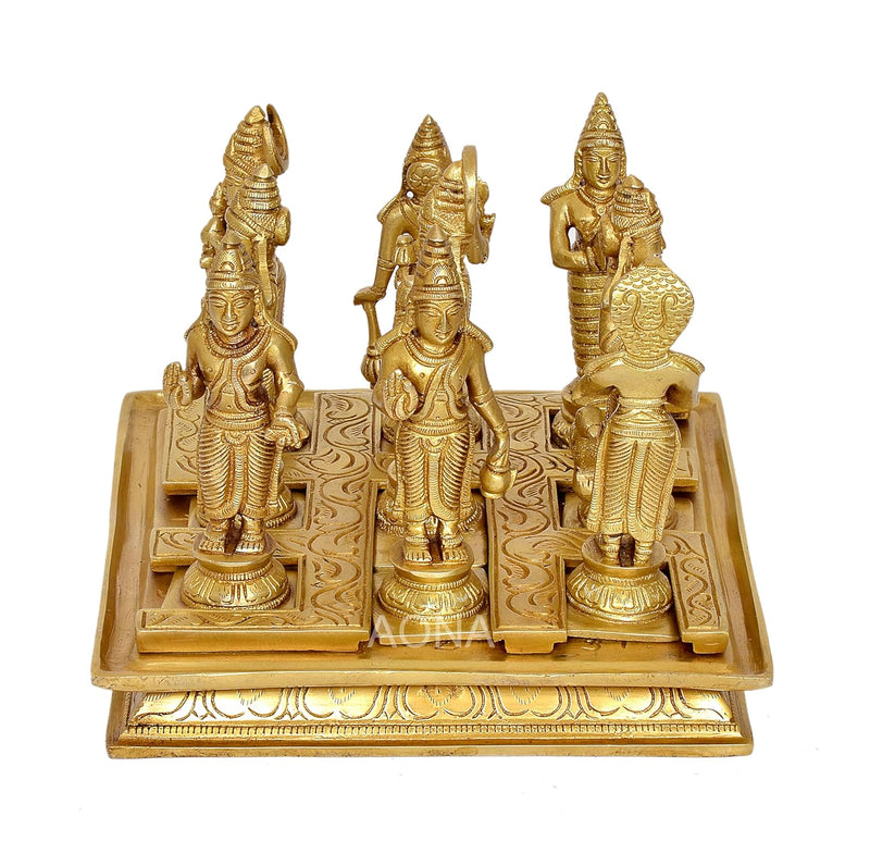 Brass Navgraha Statue - Nine Planetary Deities - Intricate Brass Sculpture for Home Temple and Vedic Astrology Decor (Height 7 Inch)