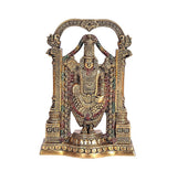 Brass Tirupati Balaji idol in arched frame, gold base with colorful painted details